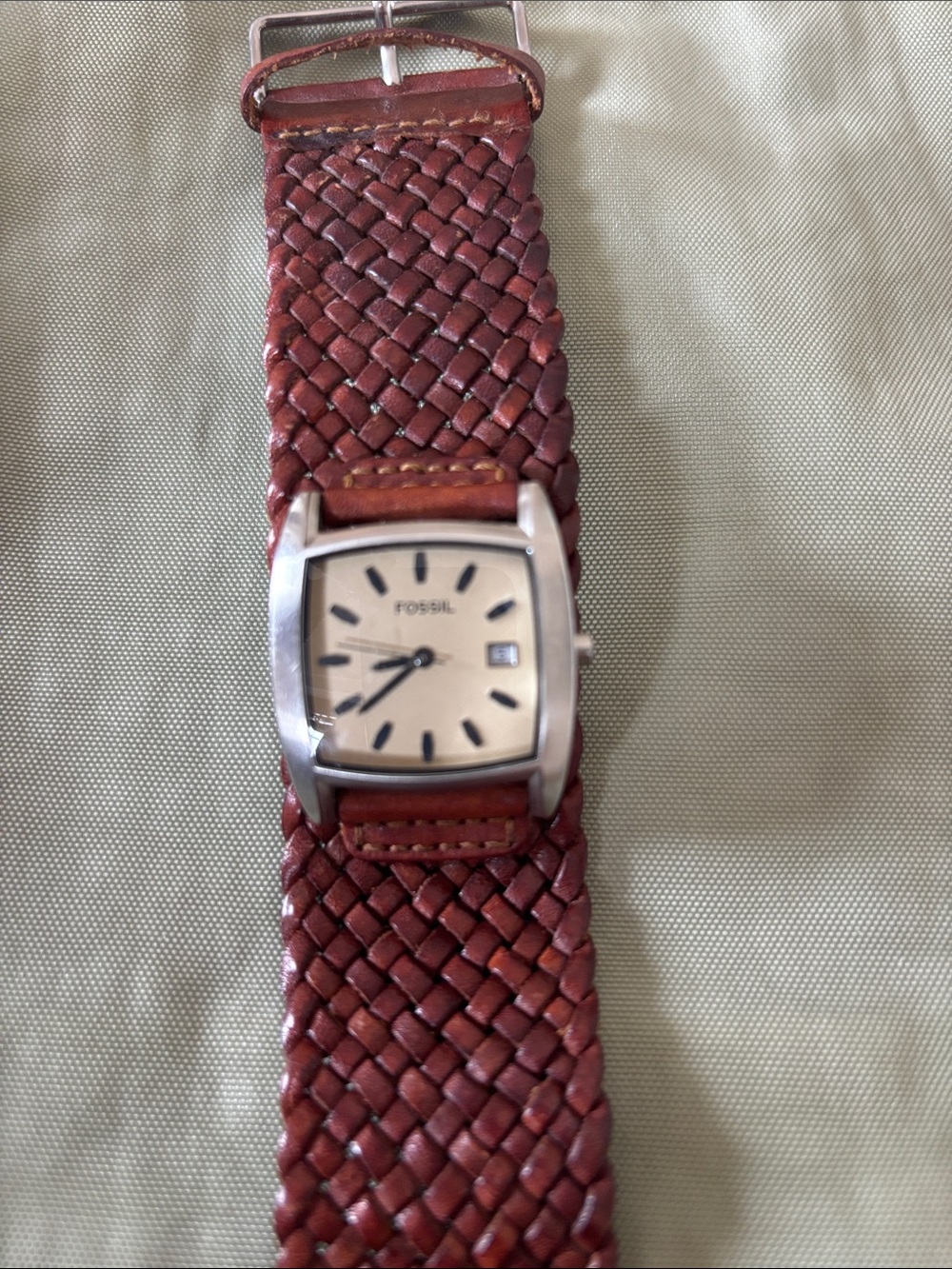 Vintage Fossil Watch, Braided / Woven Brown Leather with Silver Frame - Picture 2 of 4